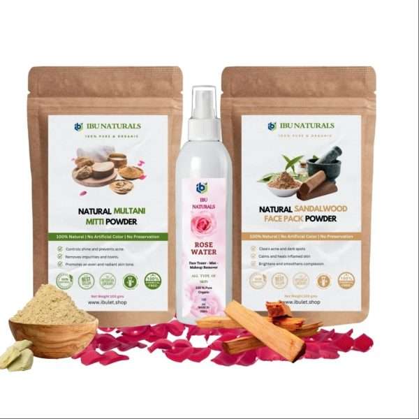 Multani Mitti, Sandalwood Face Pack Powder (100g) and Rose Water(100ml) Combo