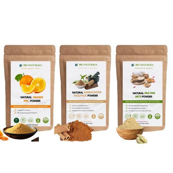 Combo Pack of Orange Peel Powder, Multani Mitti and Sandalwood Face Pack Powder (Each one 100g)